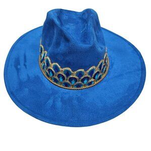 Peacock‎ Royal Blue Velvet Cowboy Wide Brim Hat Tassel Embroidered Ribbon Band M